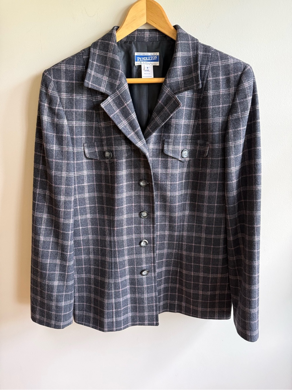 Pendleton Vintage Midnight Gray Plaid 100% Virgin Wool Blazer, size 8 Tall